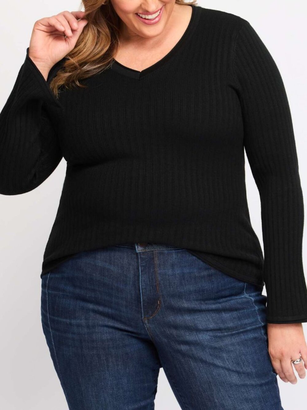 Montgomery Post Longsleeve Rib V Neck Sweater Black Plus 3X